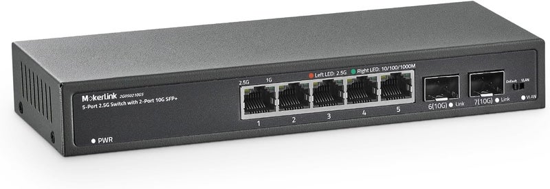 MokerLink 5 منافذ 2.5 جيجابت إيثرنت سويتش مع فتحتي SFP 10G، 5 منافذ Base-T 2.5G، عزل VLAN، معدني غير مُدار بدون مروحة، سويتش شبكة صغير - Image 1
