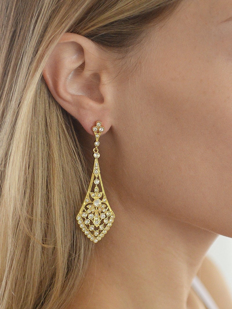 Mariell Gold Dangle Bridal Earrings, Dramatic 2 ¾" Length, Perfect Jewelry for Brides, Bridesmaid, Prom and Homecoming, Romantic Jewelry Gift For Women - Image 4