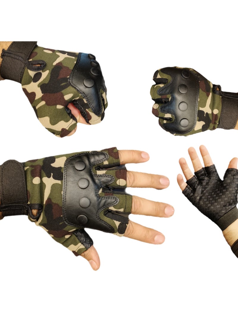 Generic Half Finger Gloves with Knuckle Protection for Exercise and Cycling, Camouflage Green  - Image 1