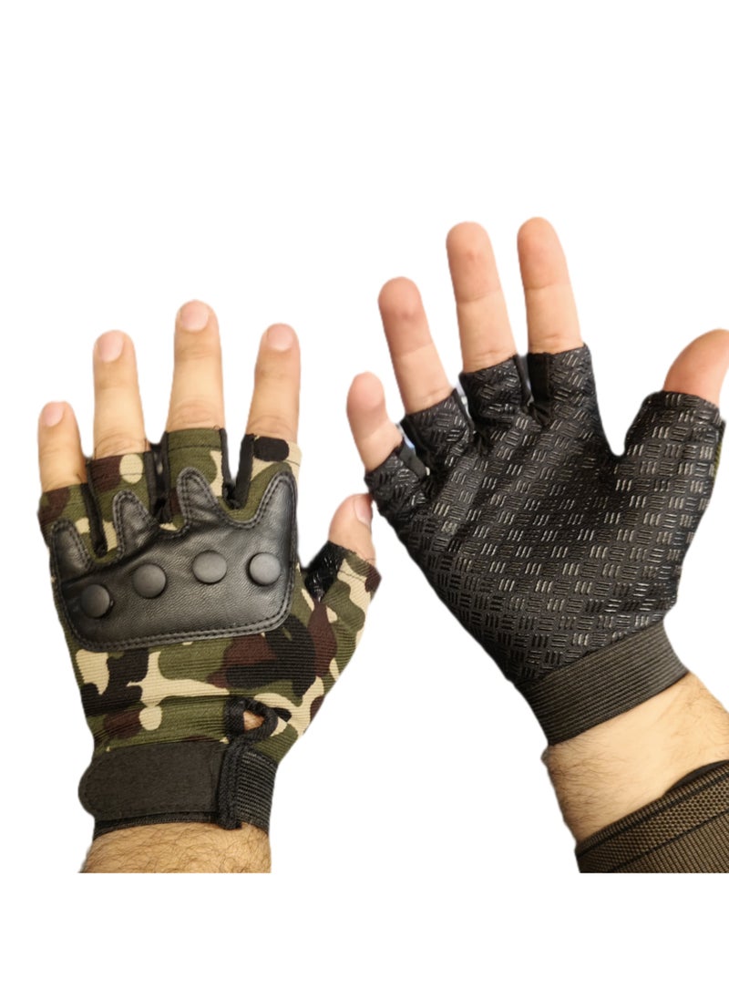 Generic Half Finger Gloves with Knuckle Protection for Exercise and Cycling, Camouflage Green  - Image 4