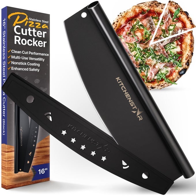 16INCH PIZZA CUTTER ROCKER BLADE SHARP STAINLESS STEEL SLICER KNIFE PROTECTIVE COVER BLACK NONSTICK LARGE PROFESSIONAL PIZZA OVEN ACCESSORIES