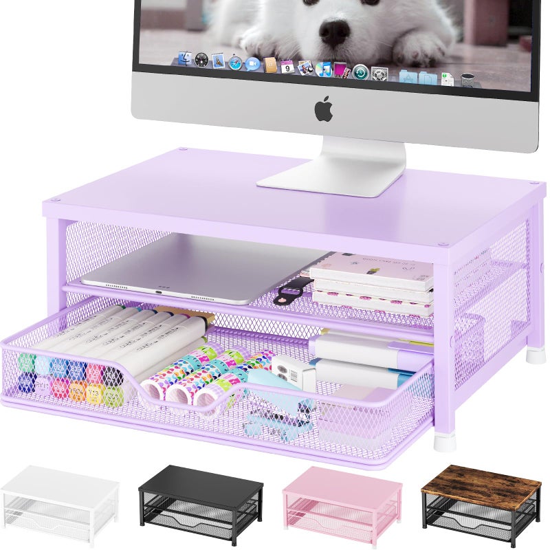 OPNICE Computer Monitor Stand Riser, Desk Organizer with Drawer, Laptop Stand, Office Desk Accessories & Workspace Desktop Organizers Storage for Office Supplies(Purple) - Image 1