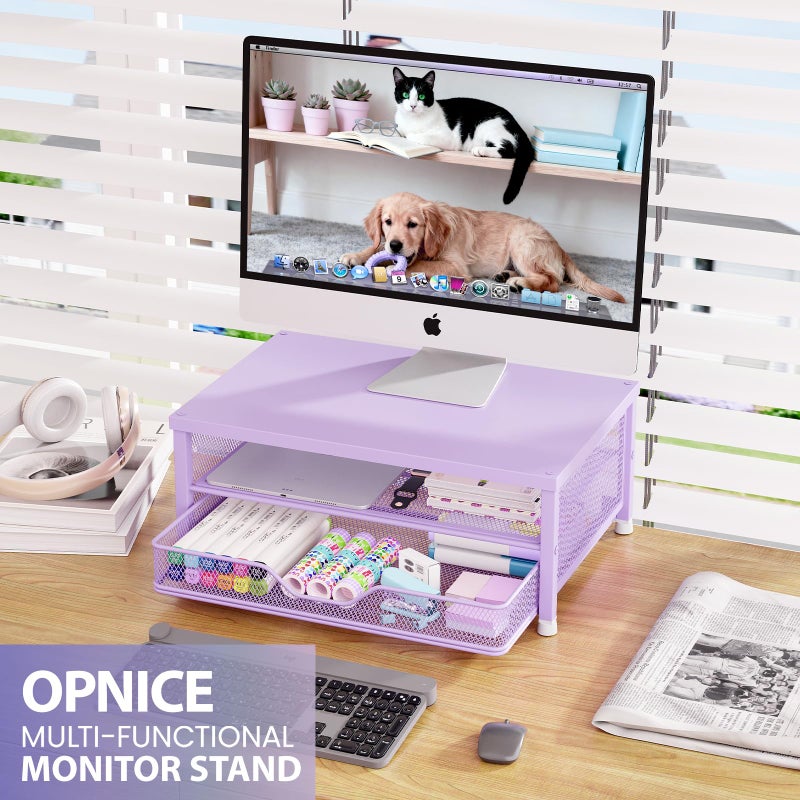 OPNICE Computer Monitor Stand Riser, Desk Organizer with Drawer, Laptop Stand, Office Desk Accessories & Workspace Desktop Organizers Storage for Office Supplies(Purple) - Image 3