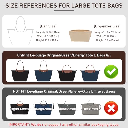 OAikor Premium Felt Purse Organizer Insert Compatible with Longchamp Le Pliage Large and More, Zipper Long Champ Bag Organizer Insert with Cup Holder, 8 Compartments (Brown,L) - Image 2