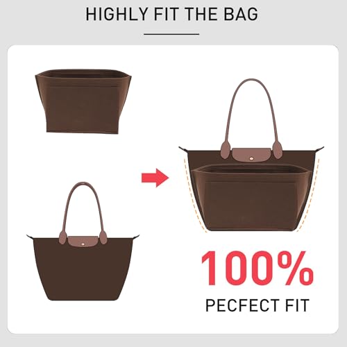 OAikor Premium Felt Purse Organizer Insert Compatible with Longchamp Le Pliage Large and More, Zipper Long Champ Bag Organizer Insert with Cup Holder, 8 Compartments (Brown,L) - Image 5