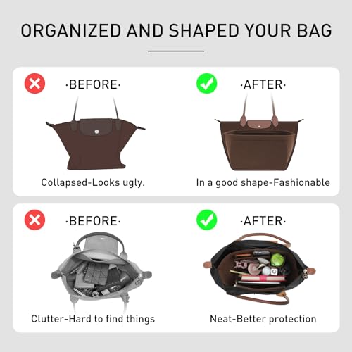 OAikor Premium Felt Purse Organizer Insert Compatible with Longchamp Le Pliage Large and More, Zipper Long Champ Bag Organizer Insert with Cup Holder, 8 Compartments (Brown,L) - Image 4
