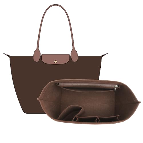 OAikor Premium Felt Purse Organizer Insert Compatible with Longchamp Le Pliage Large and More, Zipper Long Champ Bag Organizer Insert with Cup Holder, 8 Compartments (Brown,L) - Image 1