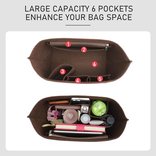 OAikor Premium Felt Purse Organizer Insert Compatible with Longchamp Le Pliage Large and More, Zipper Long Champ Bag Organizer Insert with Cup Holder, 8 Compartments (Brown,L) - Image 3