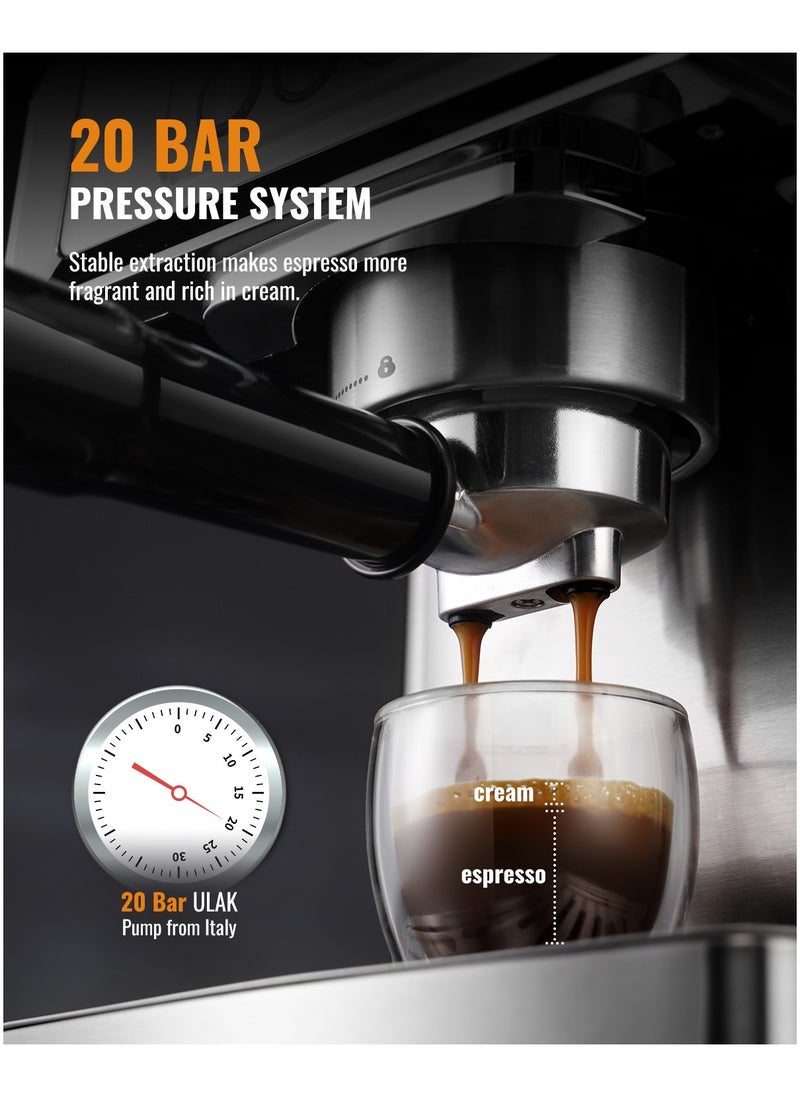 kaffenator kaffenator Espresso Machine 20 Bar with Milk Frother Steam Wand, Professional Latte & Cappuccino Maker for Home, 60 Oz Water Tank, Temperature Display, Stainless Steel, 1350W  - Image 3