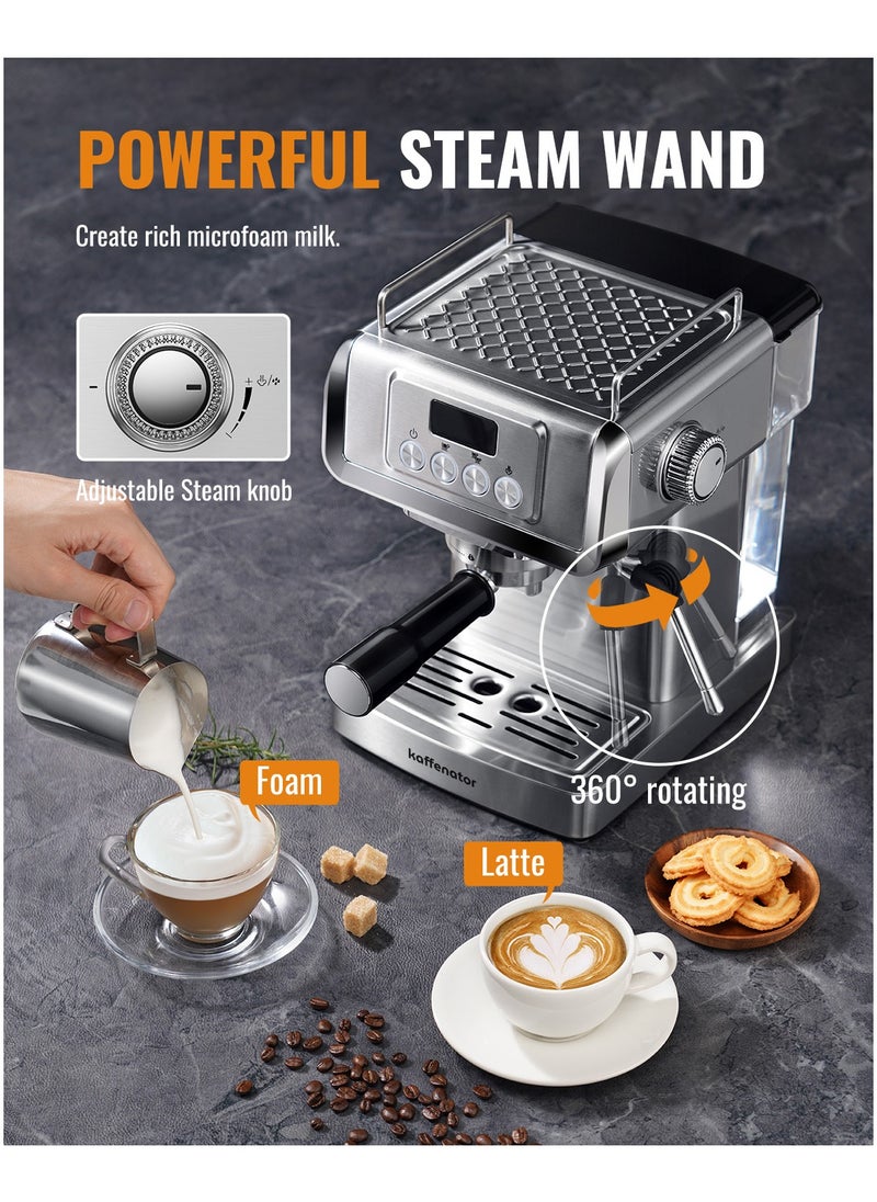 kaffenator kaffenator Espresso Machine 20 Bar with Milk Frother Steam Wand, Professional Latte & Cappuccino Maker for Home, 60 Oz Water Tank, Temperature Display, Stainless Steel, 1350W  - Image 2