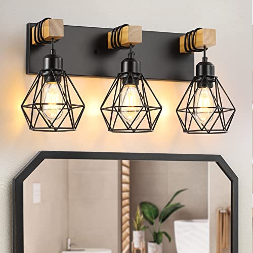 maesta 3-Light Farmhouse Bathroom Vanity Light Fixtures, Wood Bathroom Light Fixtures Over Mirror, Rustic Sconces Wall Lighting with Elegant Metal Lampshade for Living Room, Bedroom, Hallway - Image 1