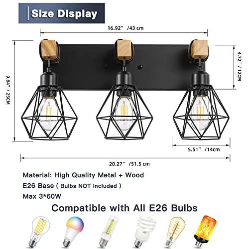 maesta 3-Light Farmhouse Bathroom Vanity Light Fixtures, Wood Bathroom Light Fixtures Over Mirror, Rustic Sconces Wall Lighting with Elegant Metal Lampshade for Living Room, Bedroom, Hallway - Image 3