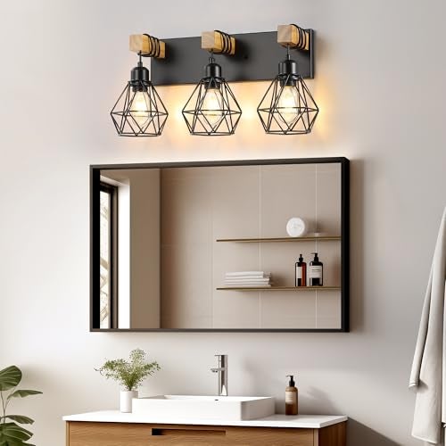 maesta 3-Light Farmhouse Bathroom Vanity Light Fixtures, Wood Bathroom Light Fixtures Over Mirror, Rustic Sconces Wall Lighting with Elegant Metal Lampshade for Living Room, Bedroom, Hallway - Image 2
