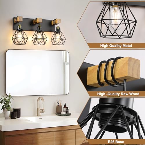 maesta 3-Light Farmhouse Bathroom Vanity Light Fixtures, Wood Bathroom Light Fixtures Over Mirror, Rustic Sconces Wall Lighting with Elegant Metal Lampshade for Living Room, Bedroom, Hallway - Image 4