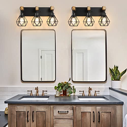 maesta 3-Light Farmhouse Bathroom Vanity Light Fixtures, Wood Bathroom Light Fixtures Over Mirror, Rustic Sconces Wall Lighting with Elegant Metal Lampshade for Living Room, Bedroom, Hallway - Image 5