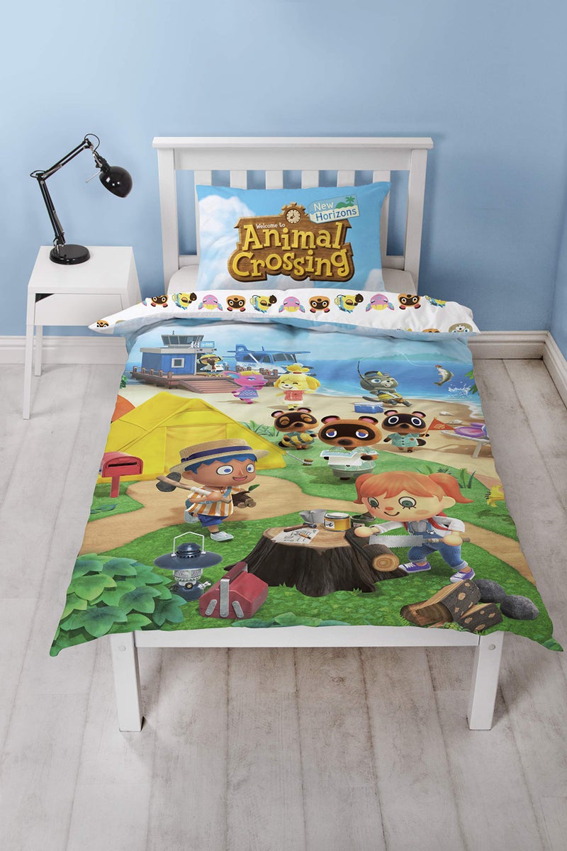 Animal Crossing Official Single Duvet Cover  Reversible Two Sided Beach Design  Polycotton Fun Bedding with Matching Pillow Case Multi Coloured 200 x 135cm Single Duvet AMCBCHDS001UK1
