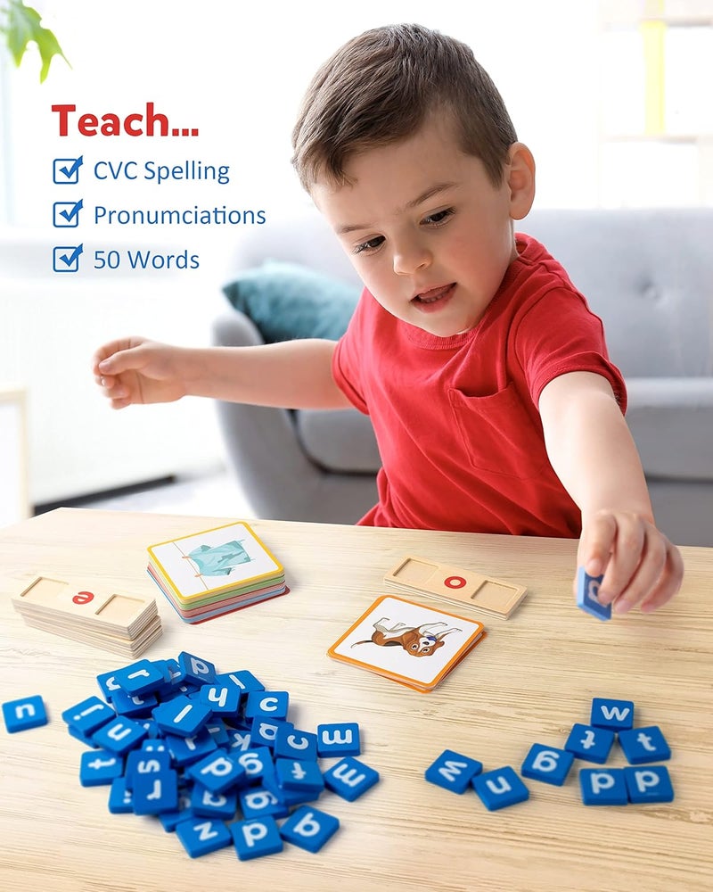 Coogam Wooden Short Vowel Reading Letters Sorting Spelling Games, Site CVC Words Learning Flashcards Alphabet Puzzle Montessori Educational Toy Gift for Kids 3 4 5 Years Old - Image 4