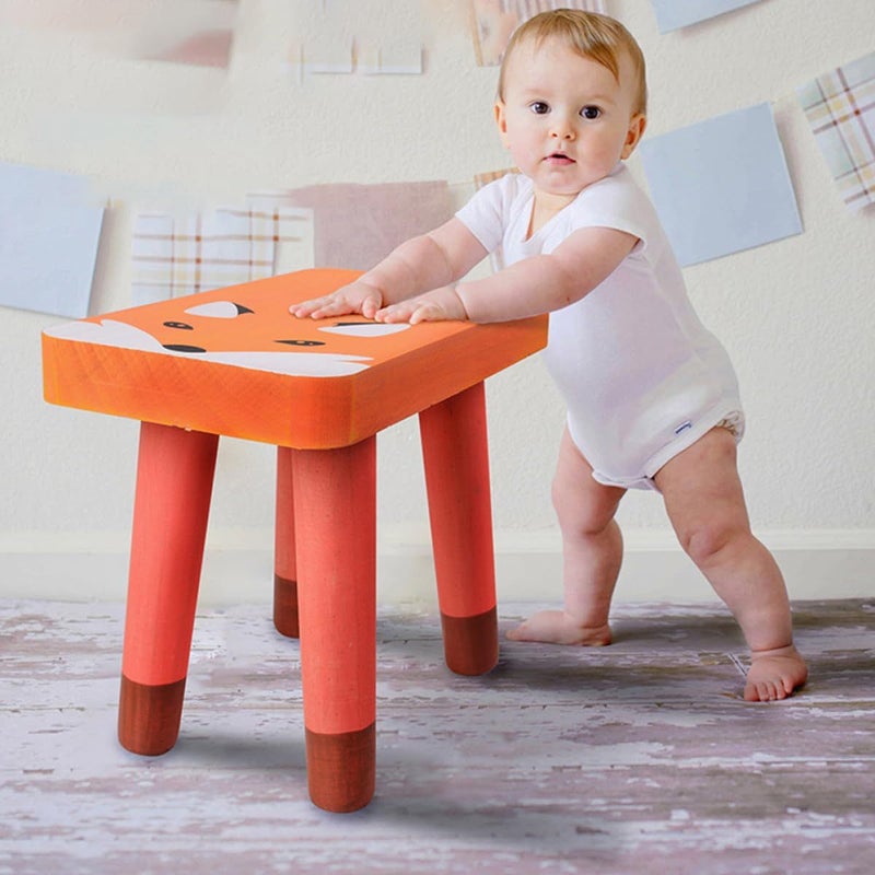 Cartoon Fox Wooden Low Step Stool Solid Wood Footstool for Kids Room and Home Use - Image 3