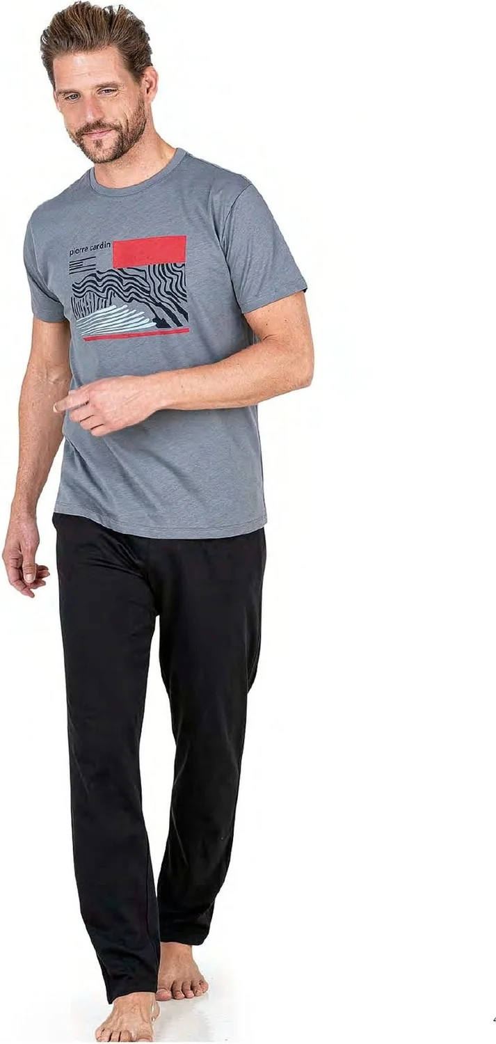 بيير كاردان 6044 Men's Short Sleeve Combed Cotton Pajama Set-Grey