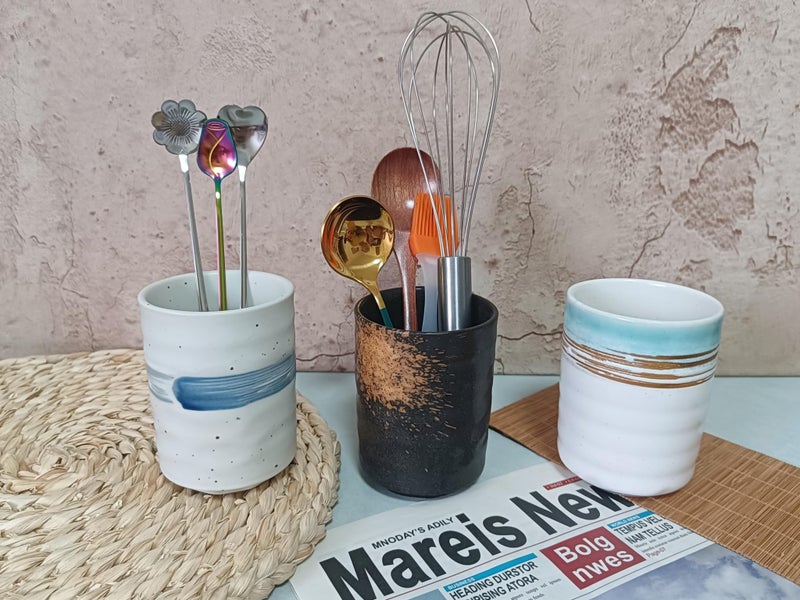 TOPYOKK Stoneware Coffee Bar Utensil Holder Tea & Coffee Spoon & Stirrer Holder for Stir Stick Straw Teaspoon Holder Spoon Cup Small Utensil Jar (Fireworks) - Image 3