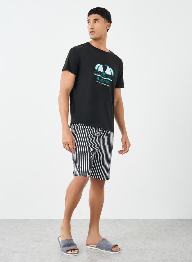 Styli Men Black Graphic T-Shirt and Striped Shorts Set - Image 1
