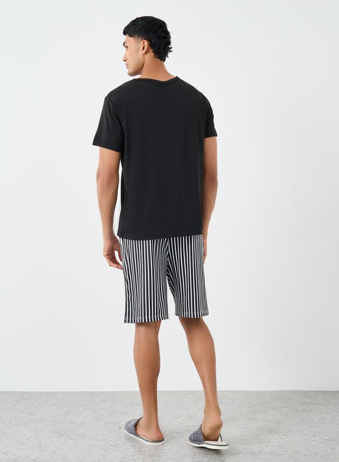 Styli Men Black Graphic T-Shirt and Striped Shorts Set - Image 4