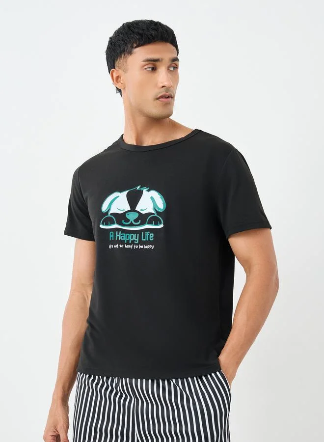 Styli Styli Men Black Graphic T-Shirt and Striped Shorts Set