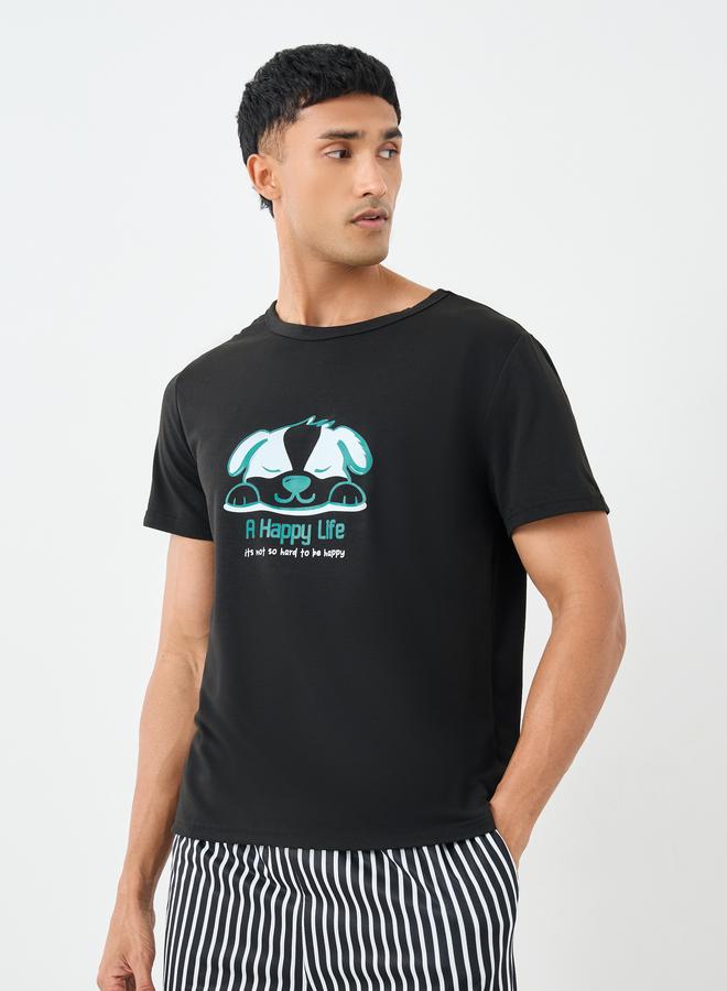 Styli Men Black Graphic T-Shirt and Striped Shorts Set - Image 2