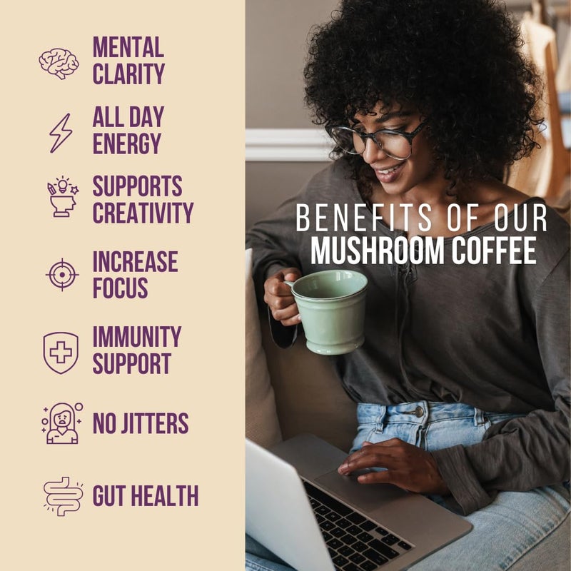 Grateful Earth Mushroom Coffee, Coconut Instant Coffee with Lionâ€™s Mane Mushrooms, Chaga, Turmeric, L-Theanine, Cinnamon, Super Brain Blend For Energy & Immune Support, Dairy & Gluten Free, 20 Packets - Image 4