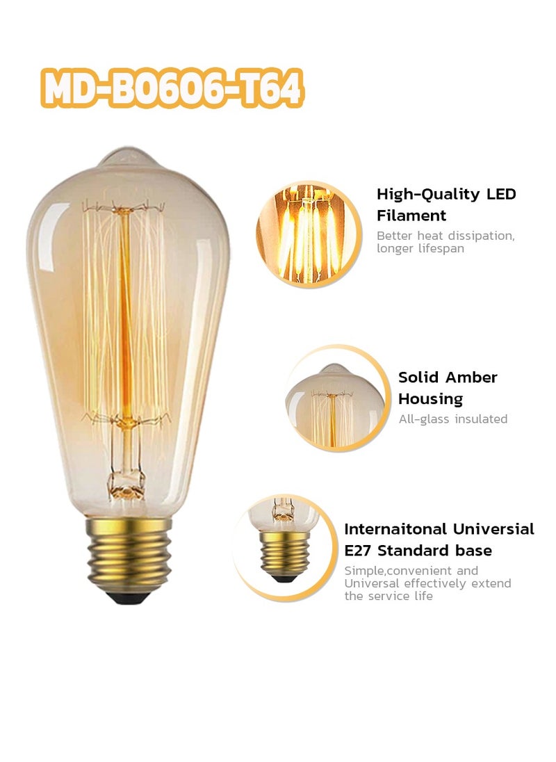 MODI - 2 Pcs Vintage Edison Style LED Filament Bulb ST64 6W Light 2700K Warm White E27 B22 Amber Glass Dimmable LED bulb for Home Indoor Decoration, Interior, Chandelier, Room Decor And More - Image 1