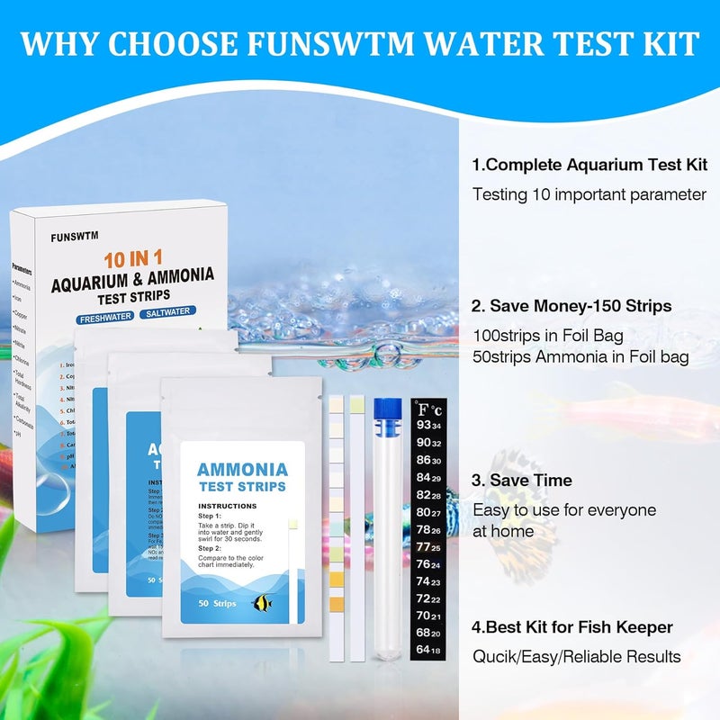 FUNSWTM Aquarium Test Strips for Freshwater: 10 in 1 Aquarium Ammonia Test Strips for Fish Tank Ammonia Test Kit for Aquarium Pond - Testing Ammonia Nitrate Nitrite pH,etc - Image 4