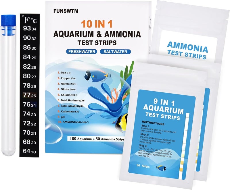 FUNSWTM Aquarium Test Strips for Freshwater: 10 in 1 Aquarium Ammonia Test Strips for Fish Tank Ammonia Test Kit for Aquarium Pond - Testing Ammonia Nitrate Nitrite pH,etc - Image 1