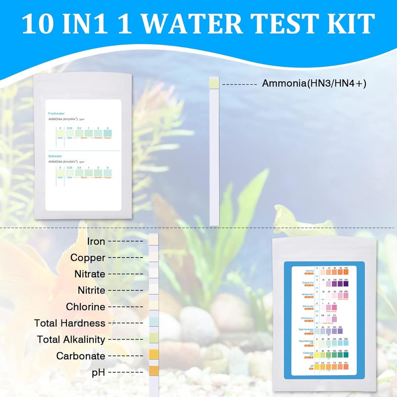 FUNSWTM Aquarium Test Strips for Freshwater: 10 in 1 Aquarium Ammonia Test Strips for Fish Tank Ammonia Test Kit for Aquarium Pond - Testing Ammonia Nitrate Nitrite pH,etc - Image 2