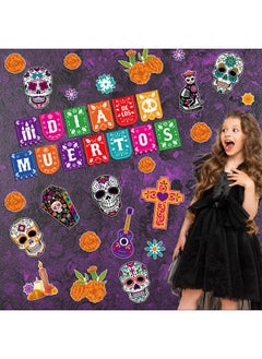 HOWAF 36 Pcs Day Of The Dead Bulletin Board Decorations, Dia De Los Muertos Mexican Paper Cutouts Bulletin Board Stickers With Glue For Classroom School Party Supplies Skull Cat Chrysanthemum Cutouts  - Image 5