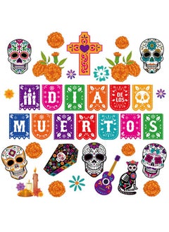 HOWAF 36 Pcs Day Of The Dead Bulletin Board Decorations, Dia De Los Muertos Mexican Paper Cutouts Bulletin Board Stickers With Glue For Classroom School Party Supplies Skull Cat Chrysanthemum Cutouts  - Image 1