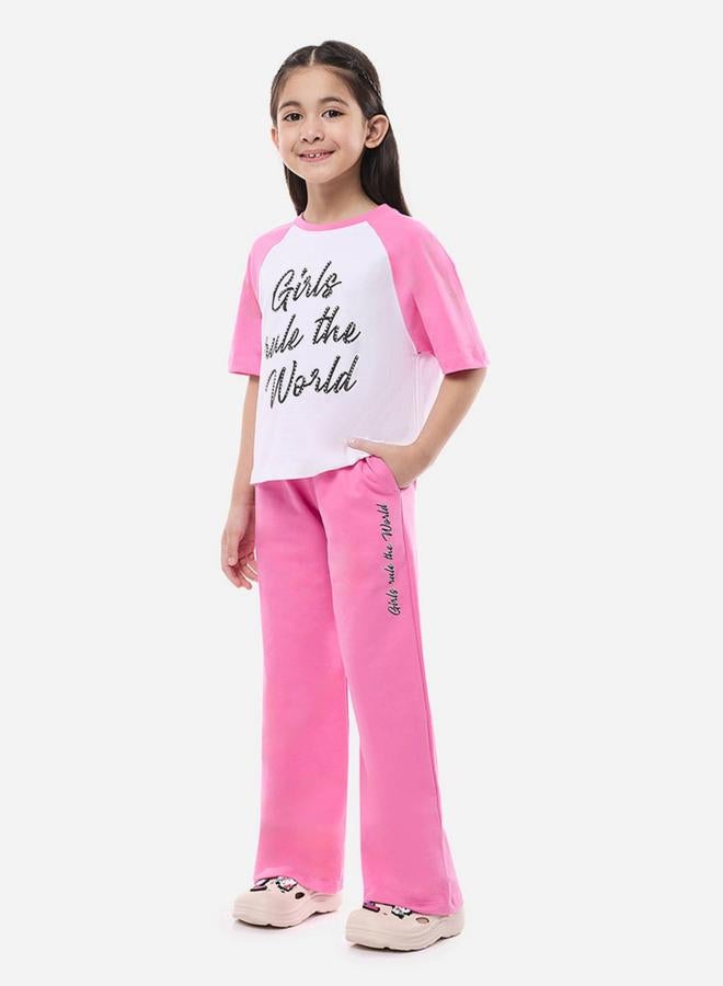 victor and jane Victor and Jane Slogan Print Knit Crop Top and Wide-Leg Pants Set - Image 1