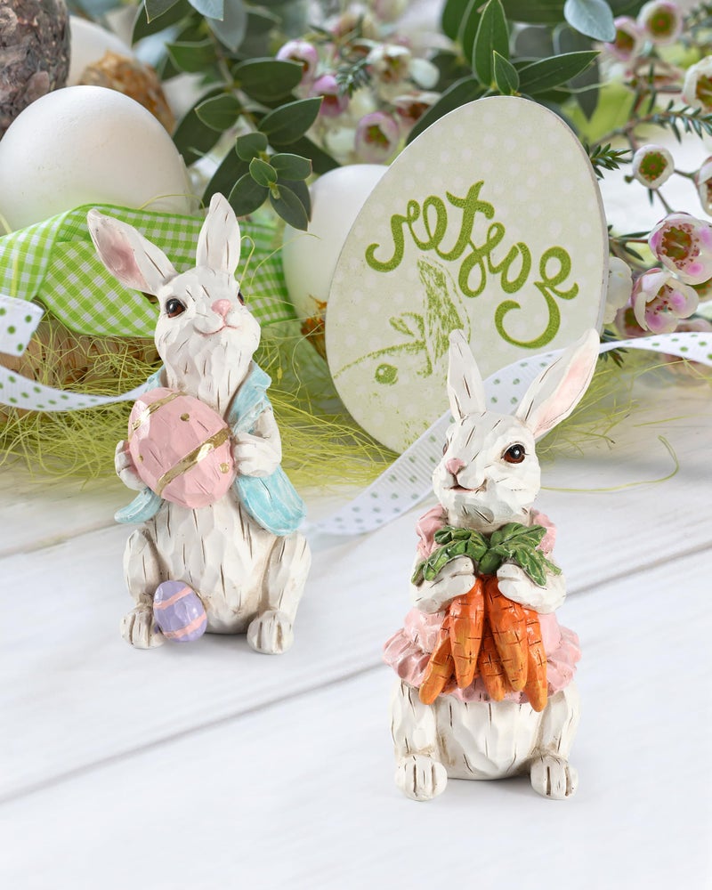 iStatue Easter Decorations, 2-Pack Resin 4.2'' Bunny Figurines with Resurrection Eggs & Carrots - Hand Painted Statue for The Home Decor Office Gift (Easter Bunny) - Image 1
