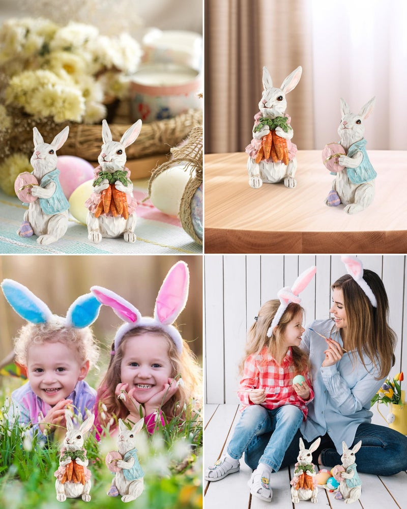 iStatue Easter Decorations, 2-Pack Resin 4.2'' Bunny Figurines with Resurrection Eggs & Carrots - Hand Painted Statue for The Home Decor Office Gift (Easter Bunny) - Image 2
