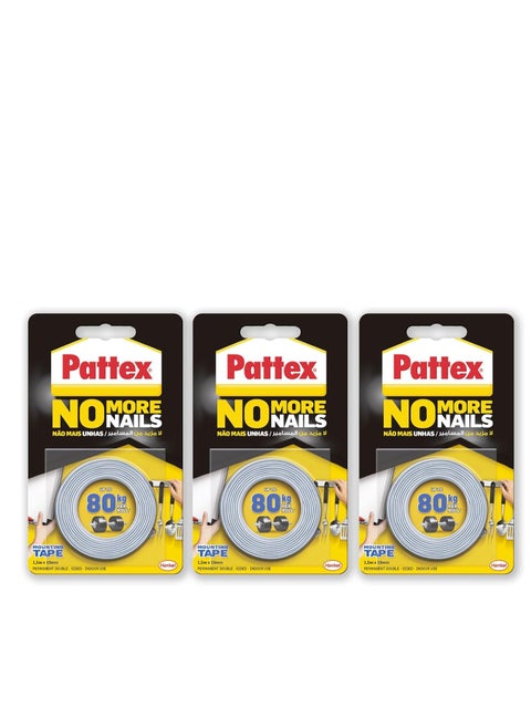 Pattex No More Nails Mounting Tape | All Purpose Double-Sided Foam Tape | Compatible with Mirror, Metal, Wood, Bricks, Stone, Tiles & More | Capacity: Upto 80kg/ Roll | 19mm x 1.5m Roll (Pack of 3)