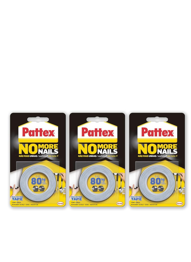 Pattex Pattex No More Nails Mounting Tape | All Purpose Double-Sided Foam Tape | Compatible with Mirror, Metal, Wood, Bricks, Stone, Tiles & More | Capacity: Upto 80kg/ Roll | 19mm x 1.5m Roll (Pack of 3)  - Image 1