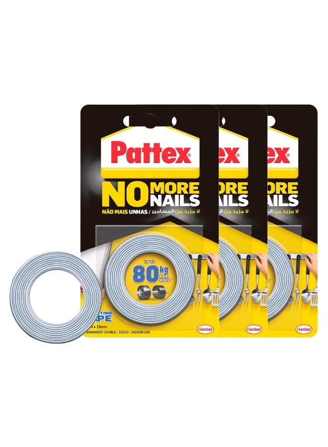 Pattex شريط تركيب باتيكس نو مور نايلز | شريط فوم مزدوج الجوانب لجميع الأغراض | متوافق مع المرايا، المعادن، الخشب، الطوب، الحجر، البلاط والمزيد | السعة: حتى 80 كجم/لفة | 19 مم × 1.5 م لفة (عبوة من 3)  - Image 1