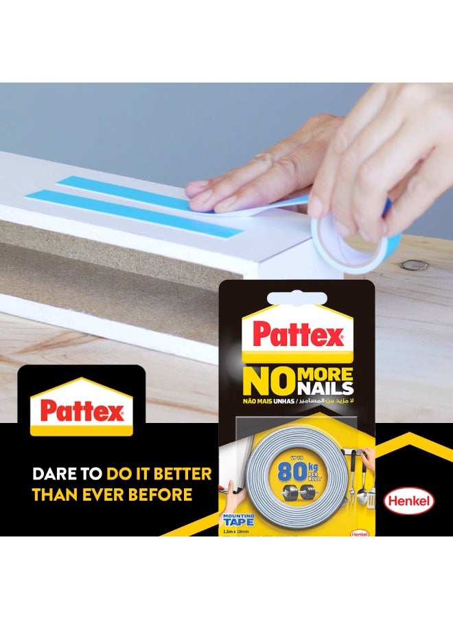 Pattex شريط تركيب باتيكس نو مور نايلز | شريط فوم مزدوج الجوانب لجميع الأغراض | متوافق مع المرايا، المعادن، الخشب، الطوب، الحجر، البلاط والمزيد | السعة: حتى 80 كجم/لفة | 19 مم × 1.5 م لفة (عبوة من 3)  - Image 4