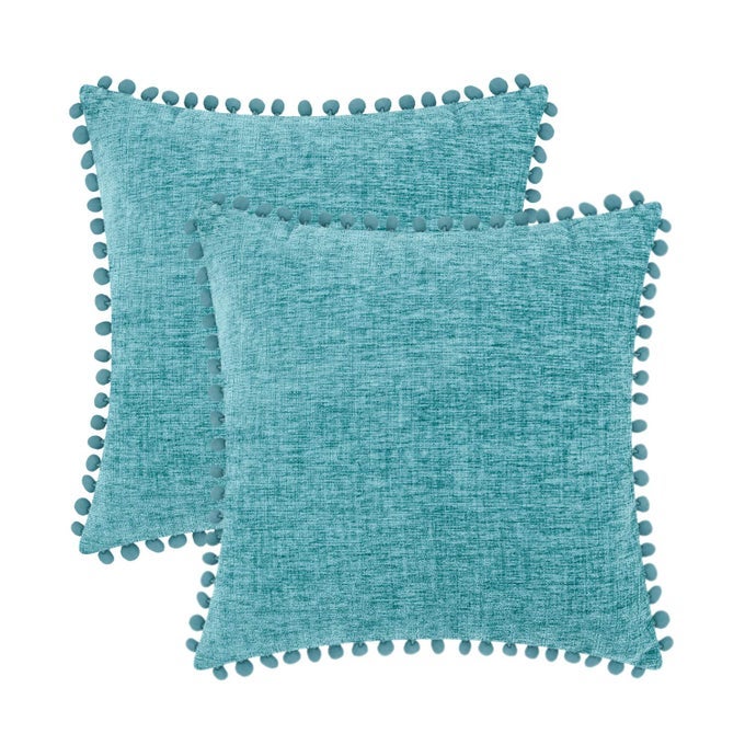 THROW PILLOW CASES PACK OF 2 COZY SOLID DYED SOFT CHENILLE CUSHION COVERS WITH POM POMS FOR COUCH SOFA HOME DECORATION 18 X 18 INCHES TEAL