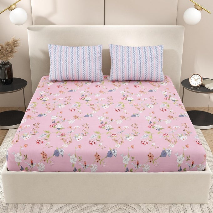 240 TC POLYCOTTON BEDSHEET FOR DOUBLE BED FLOWER PINK ATLANTA BEDSHEET KING SIZE BED KING SIZE BEDSHEET DOUBLE BEDSHEET WITH 2 PILLOW COVERS 108X108 INCH HANDCRAFTED BED SHEETS