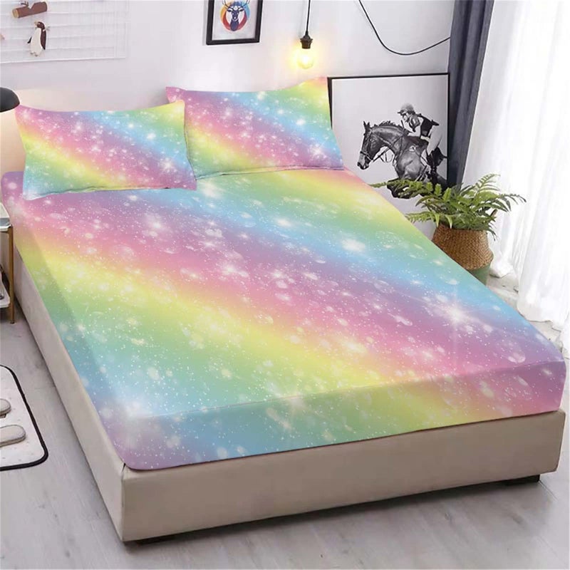 URLINENS URLINENS Rainbow Fitted Sheet and Pillowcase Full Size Tie Dye Pastel Glitter Rainbow Bed Sheet for Kids Girls Teens Soft Microfiber Fun Girly Colorful Bedding 3 Piece Girls Fitted Sheet