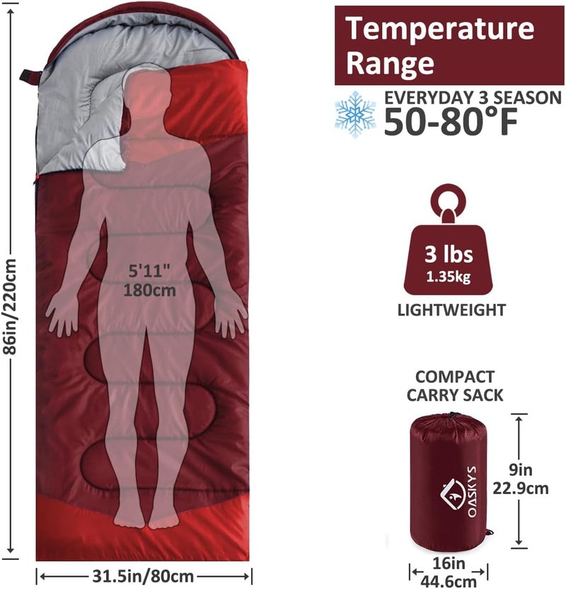 oaskys Camping Sleeping Bag - 3 Season Warm & Cool Weather - Summer Spring Fall Lightweight Waterproof for Adults Kids - Camping Gear Equipment, Traveling, and Outdoors - Image 2