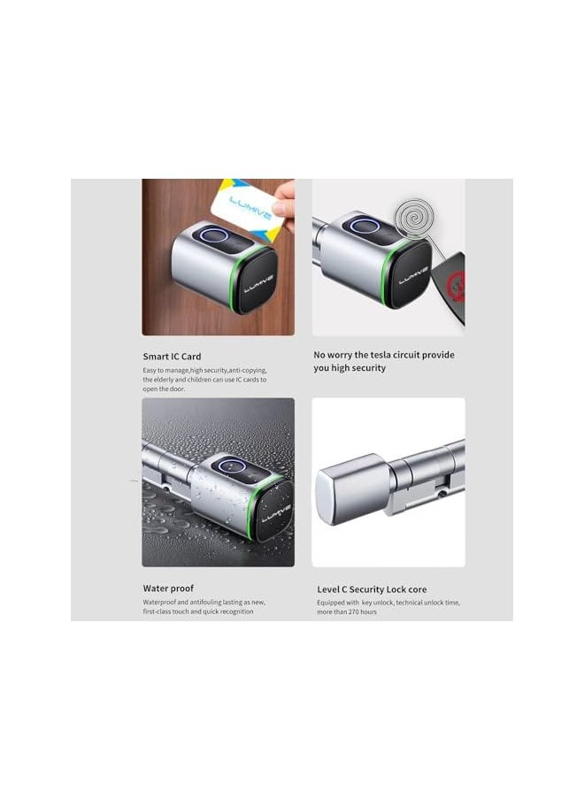 LUMIVE Smart Door Lock Fingerprint Door Lock Bluetooth App Unlock 2 Keys 2 Rfid Cards Fixed Cylinder Silver Battery Included 70Mm Smart Cylinder  - Image 2