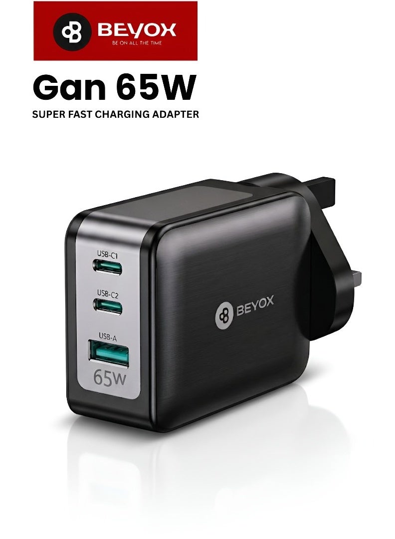 بيوكس(Nano II 65W)، شاحن USB C سريع صغير الحجم PPS 3 منافذ لأجهزة MacBook Pro/Air، iPad Pro، Galaxy S20/S10، Dell XPS 13، Note 20/10+، iPhone 15/Pro، بكسل وSteam Deck والمزيد باللون الأسود