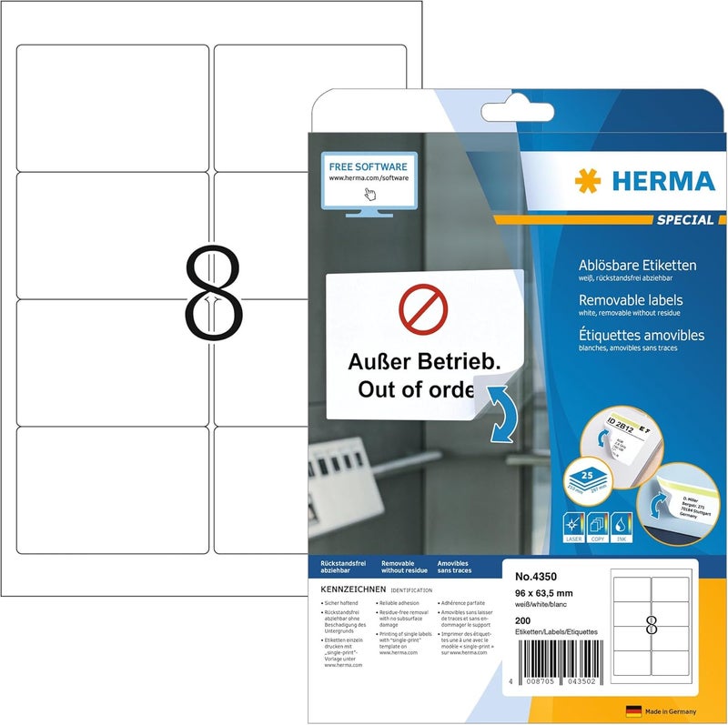 HERMA Self Adhesive Removable Labels, 8 Labels per A4 Sheet, 25 Sheets, 96 x 63.5 mm, 200 Labels, Blank Multipurpose Labels Stickers, Sticky Labels for Laser & Inkjet Printer, White Varied size selections - Image 1