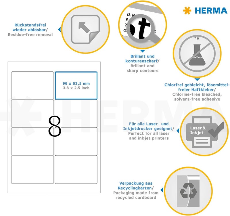 HERMA Self Adhesive Removable Labels, 8 Labels per A4 Sheet, 25 Sheets, 96 x 63.5 mm, 200 Labels, Blank Multipurpose Labels Stickers, Sticky Labels for Laser & Inkjet Printer, White Varied size selections - Image 3